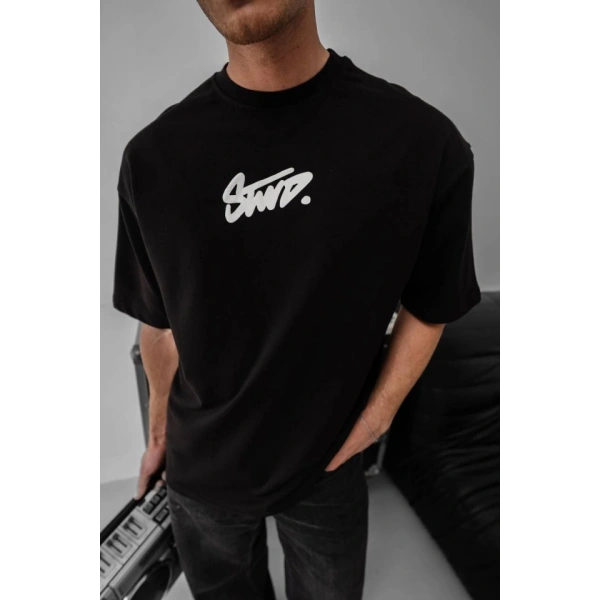 Biçomi Erkek Baskılı Oversize T-shirt - Siyah