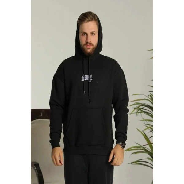 Biçomi Erkek Baskılı Oversize Üç İplik Kapüşonlu Sweatshirt - Siyah