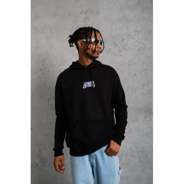 Biçomi Erkek Baskılı Oversize Üç İplik Kapüşonlu Sweatshirt - Siyah