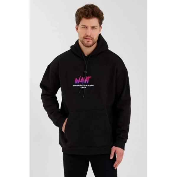 Biçomi Erkek Baskılı Üç İplik Kapüşonlu Oversize Sweatshirt - Siyah