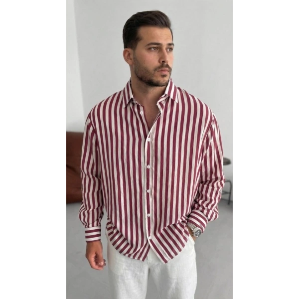 Biçomi Erkek Dikey Çizgili Yarım Oversize Gömlek