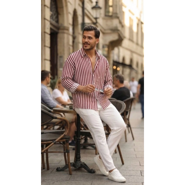 Biçomi Erkek Dikey Çizgili Yarım Oversize Gömlek