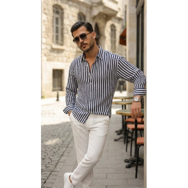 Biçomi Erkek Dikey Çizgili Yarım Oversize Gömlek