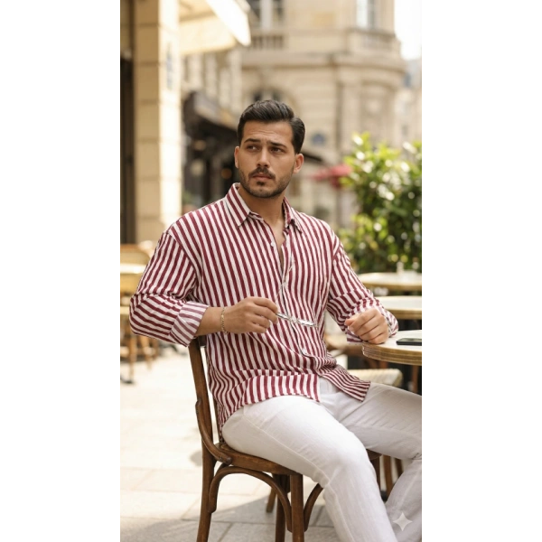 Biçomi Erkek Dikey Çizgili Yarım Oversize Gömlek