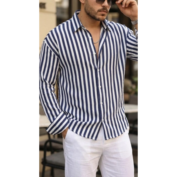 Biçomi Erkek Dikey Çizgili Yarım Oversize Gömlek