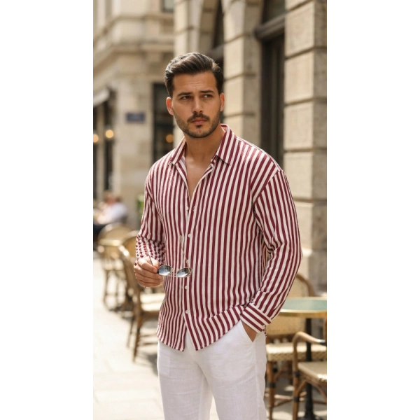 Biçomi Erkek Dikey Çizgili Yarım Oversize Gömlek