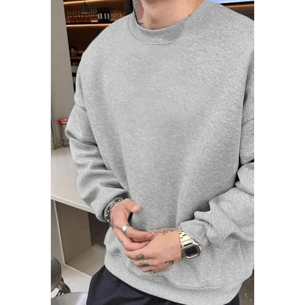 Biçomi Erkek Düz Bisiklet Yaka Sweat - Gri