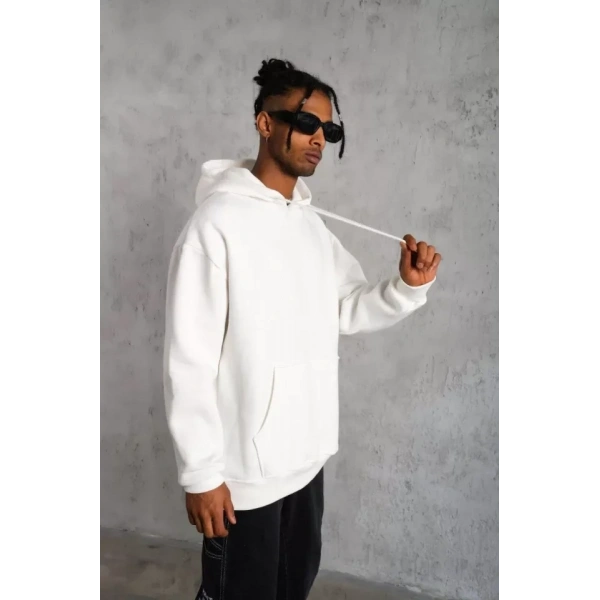 Biçomi Erkek Düz Kapüşonlu Sweat - Beyaz