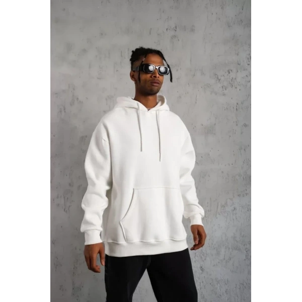 Biçomi Erkek Düz Kapüşonlu Sweat - Beyaz