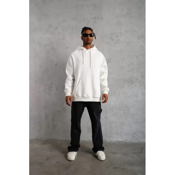 Biçomi Erkek Düz Kapüşonlu Sweat - Beyaz