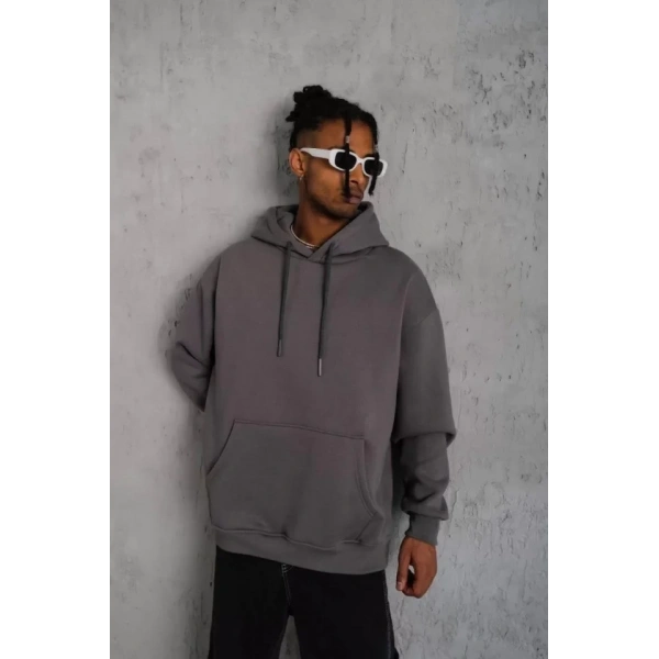 Biçomi Erkek Düz Kapüşonlu Sweat - Gri