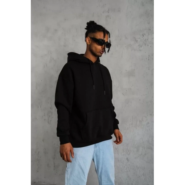 Biçomi Erkek Düz Kapüşonlu Sweat - Siyah