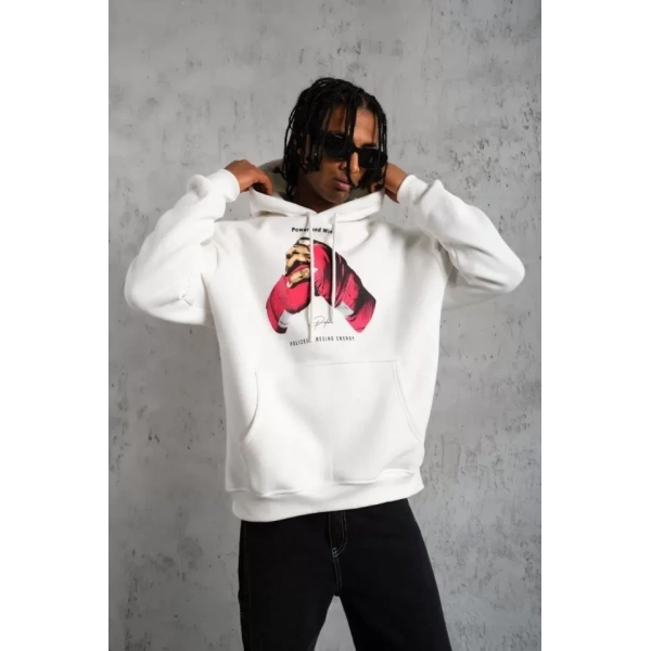 Biçomi Erkek Eldiven Baskılı Kapüşonlu Sweat - Beyaz