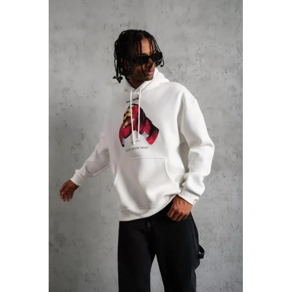 Biçomi Erkek Eldiven Baskılı Kapüşonlu Sweat - Beyaz