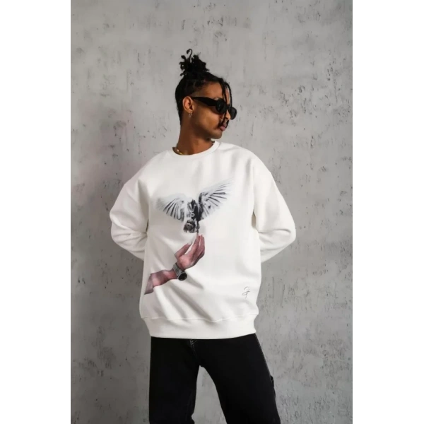 Biçomi Erkek Güvercin Baskılı Sweatshirt - Beyaz