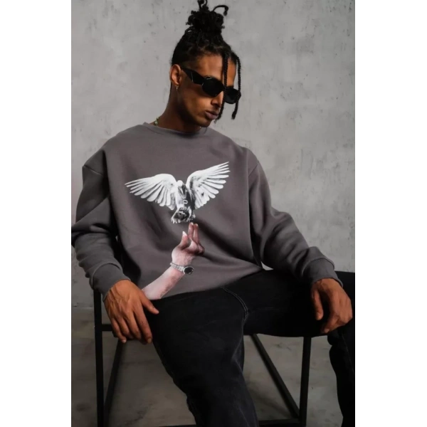 Biçomi Erkek Güvercin Baskılı Sweatshirt - Gri