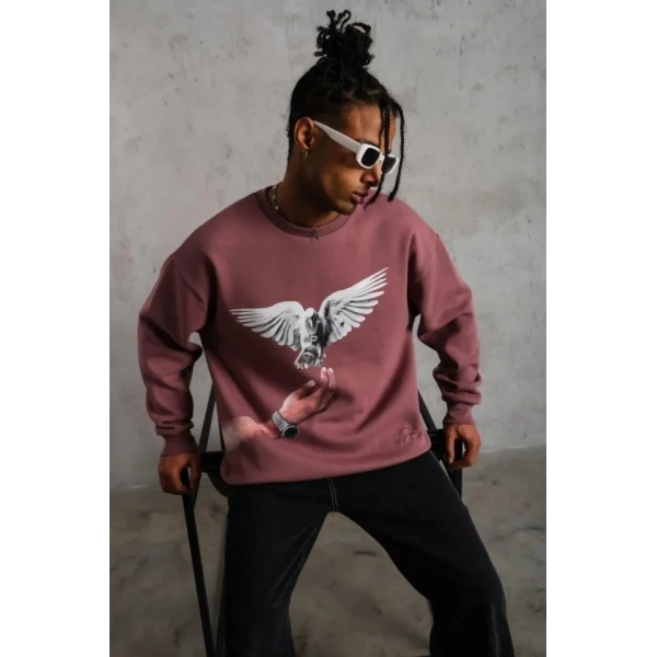 Biçomi Erkek Güvercin Baskılı Sweatshirt - Gül Kurusu