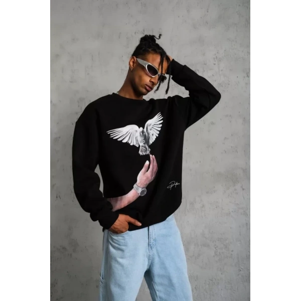 Biçomi Erkek Güvercin Baskılı Sweatshirt - Siyah