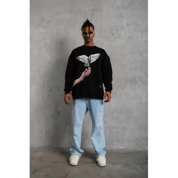 Biçomi Erkek Güvercin Baskılı Sweatshirt - Siyah