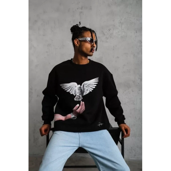 Biçomi Erkek Güvercin Baskılı Sweatshirt - Siyah