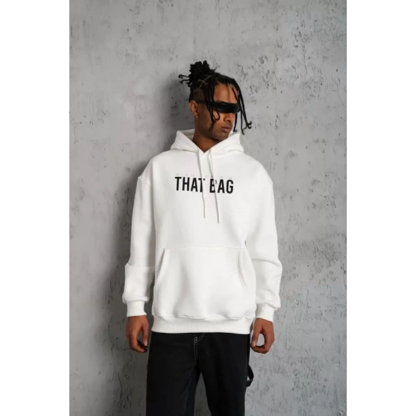 Biçomi Erkek Kanguru Cep Baskılı Kapüşonlu Sweatshirt - Beyaz