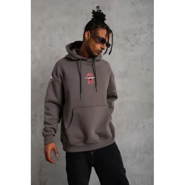 Biçomi Erkek Maske Baskılı Kapüşonlu Sweat - Gri