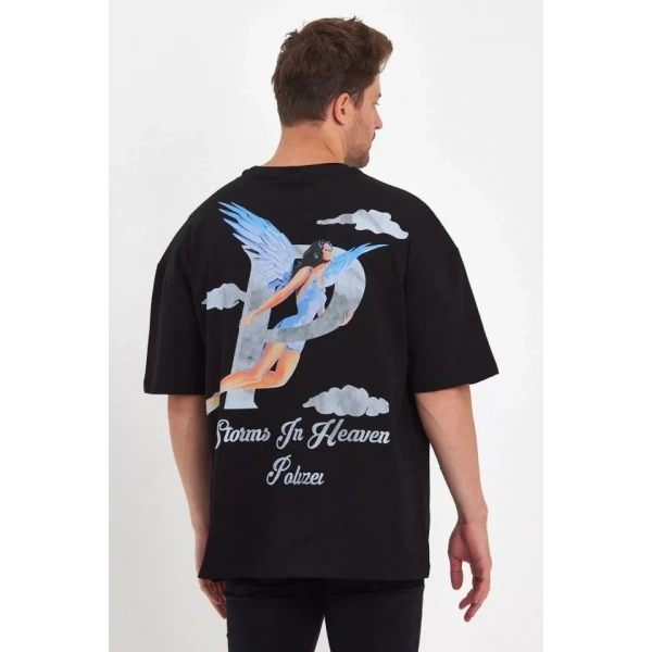 Biçomi Erkek Melek Baskılı Oversize T-shirt - Siyah