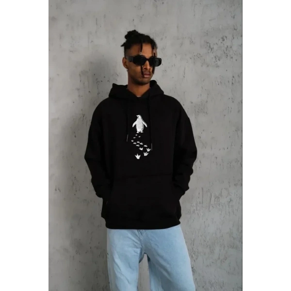 Biçomi Erkek Nihilist Penguen Temalı Oversize Kapüşonlu Sweatshirt - Siyah