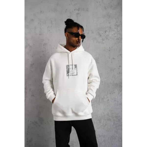 Biçomi Erkek Ön Arka Baskılı Kapşonlu Sweat - Beyaz