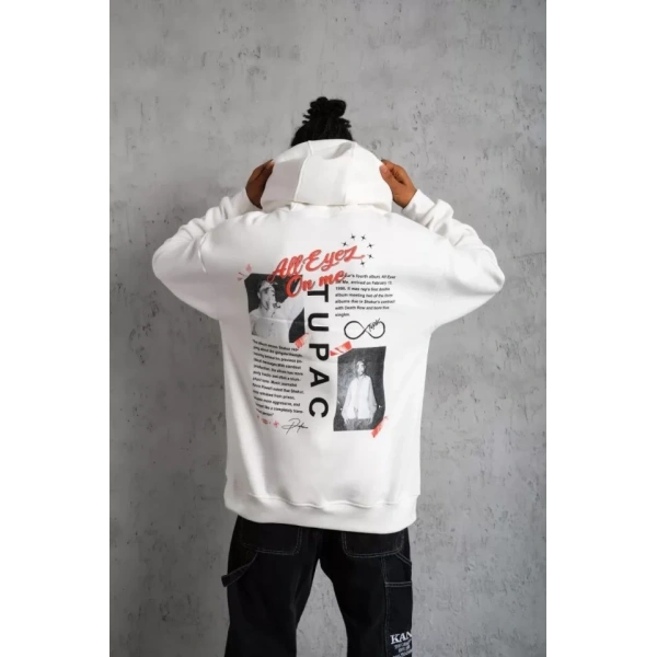 Biçomi Erkek Ön Arka Baskılı Kapşonlu Sweat - Beyaz