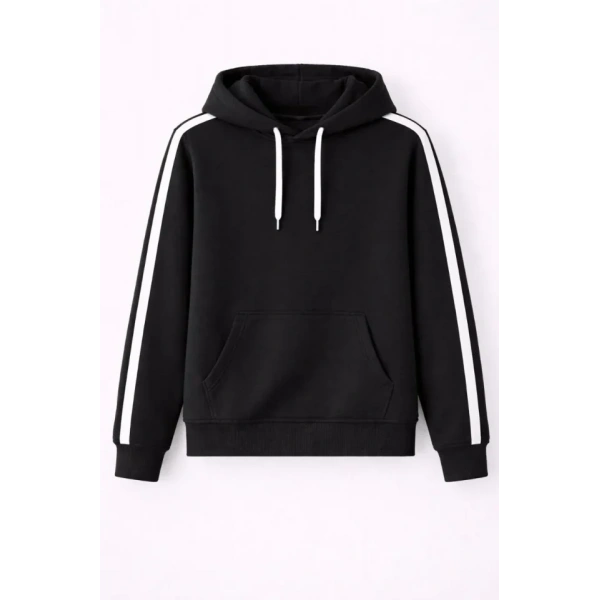 Biçomi Erkek Şeritli Kapüşonlu Sweatshirt Oversize 3 Iplik Pamuklu - Siyah