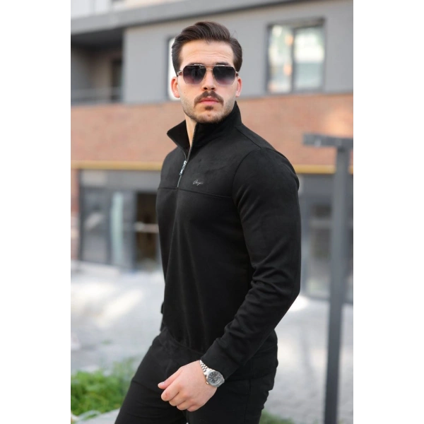 Biçomi Erkek Süet Yarım Fermuar Dik Yaka Sweat