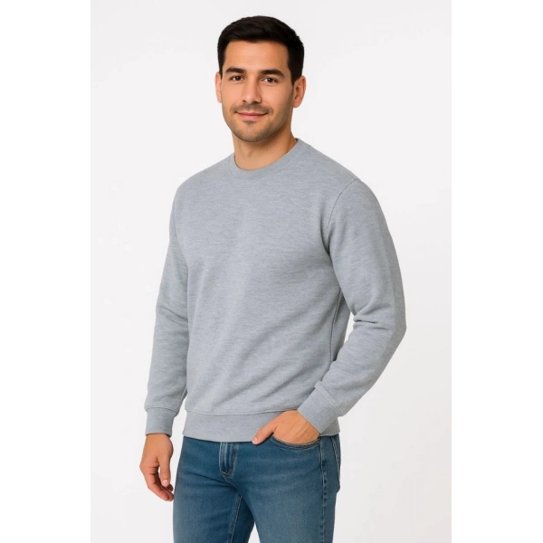 Biçomi Erkek Üç İplik Düz Bisiklet Yaka SweatShirt - Gri