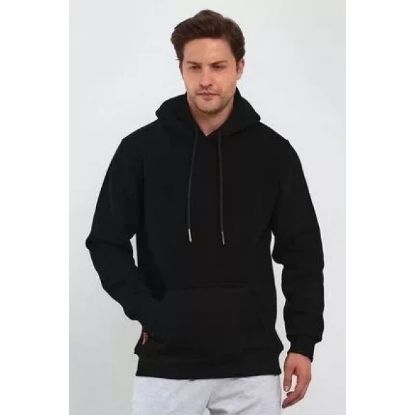 Biçomi Erkek Uzun Kol Kapşonlu Basic Sweatshirt Hoodie - Siyah