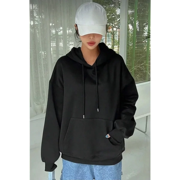 Biçomi Erkek Uzun Kol Kapşonlu Basic Sweatshirt Hoodie - Siyah