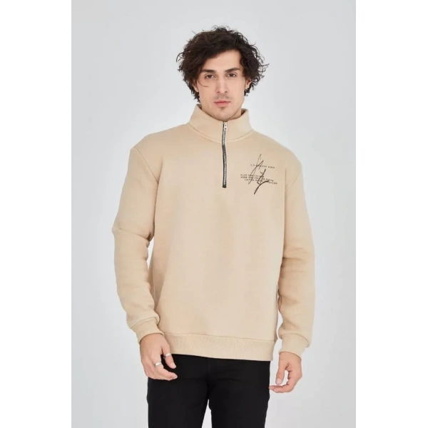 Biçomi Erkek Yarım Fermuarlı Baskılı Sweat - Bej