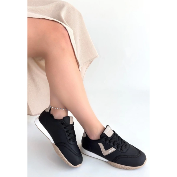 BİÇOMİ Jowen Siyah Cilt Bej Detaylı Bağcıklı Spor Ayakkabı