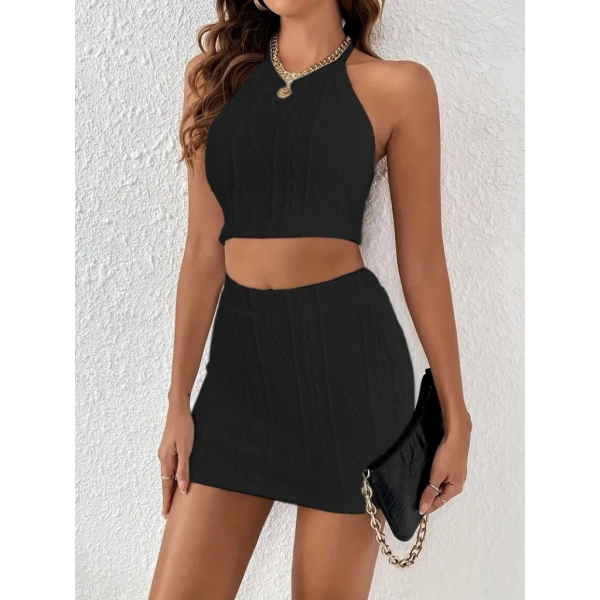 Biçomi Kadın Kolsuz Mini Erer Crop Ikili Triko Takım