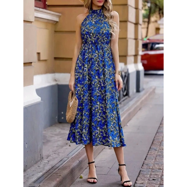 Biçomi Kadın Omuz Dekolteli Halter Yaka Desenli Maxi Süprem Elbise