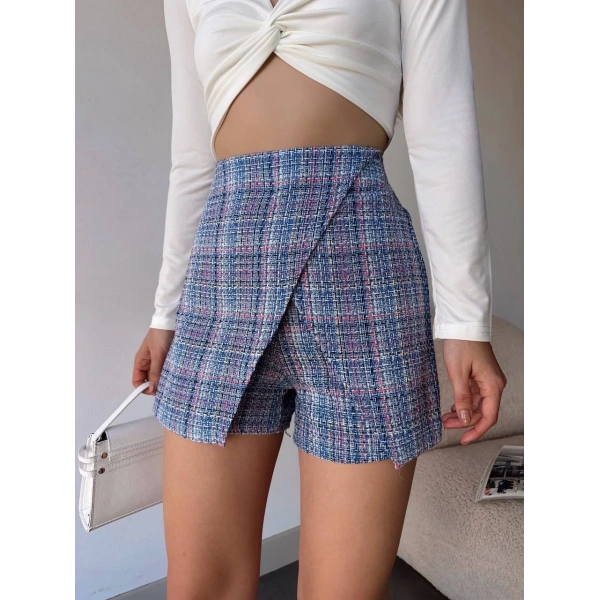 BİÇOMİ Kapaklı tüvit şort etek mavi