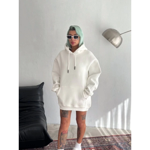 Biçomi Kapşonlu Üç İplik Penye Basic SweatShirt - Beyaz
