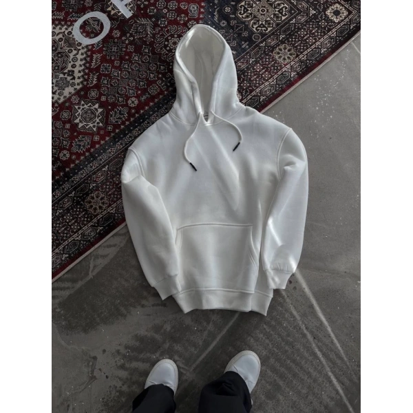 Biçomi Kapşonlu Üç İplik Penye Basic SweatShirt - Beyaz