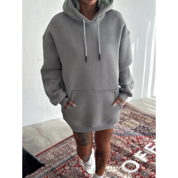 Biçomi Kapşonlu Üç İplik Penye Basic SweatShirt - Boyalı Gri