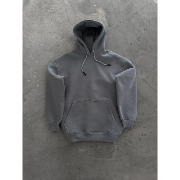 Biçomi Kapşonlu Üç İplik Penye Basic SweatShirt - Boyalı Gri