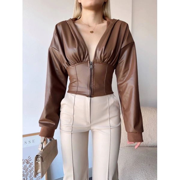 BİÇOMİ Kapşonlu yarım fermuarlı ceket kahve h24116