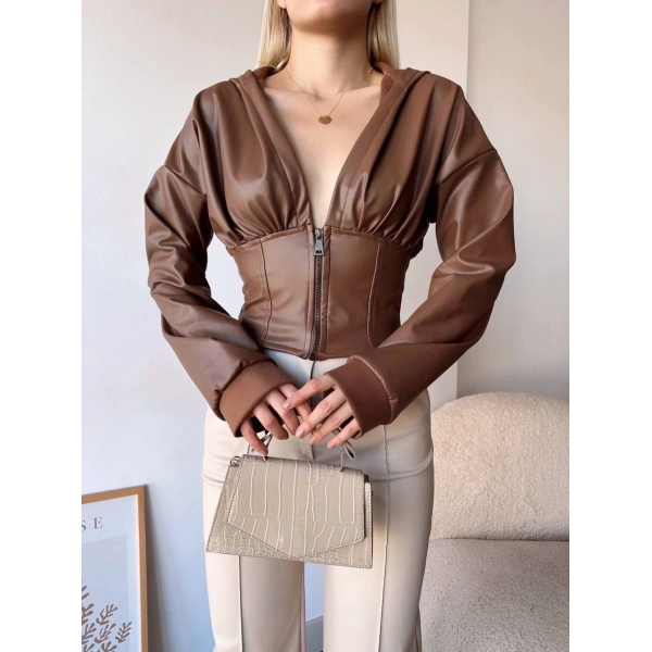 BİÇOMİ Kapşonlu yarım fermuarlı ceket kahve h24116