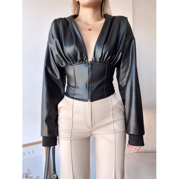 BİÇOMİ Kapşonlu yarım fermuarlı ceket siyah h24116