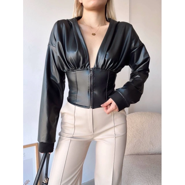 BİÇOMİ Kapşonlu yarım fermuarlı ceket siyah h24116