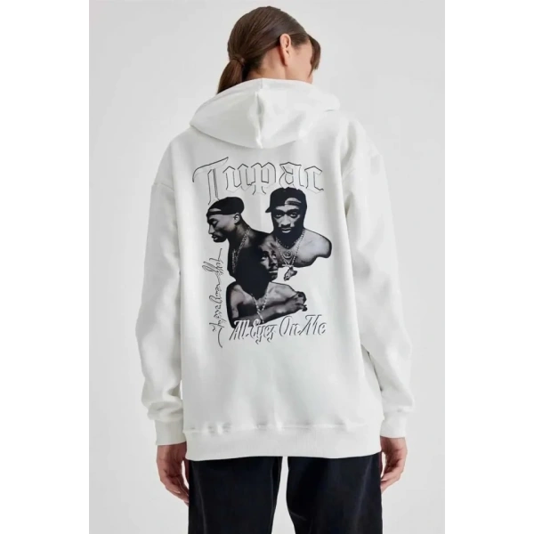 Biçomi Kapüşonlu Sırt Baskılı Üç İplik Oversize Sweatshirt - Beyaz