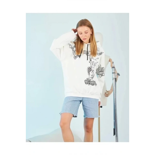 Biçomi Kapüşonlu Strong Heykel Baskılı Sweatshirt - Beyaz